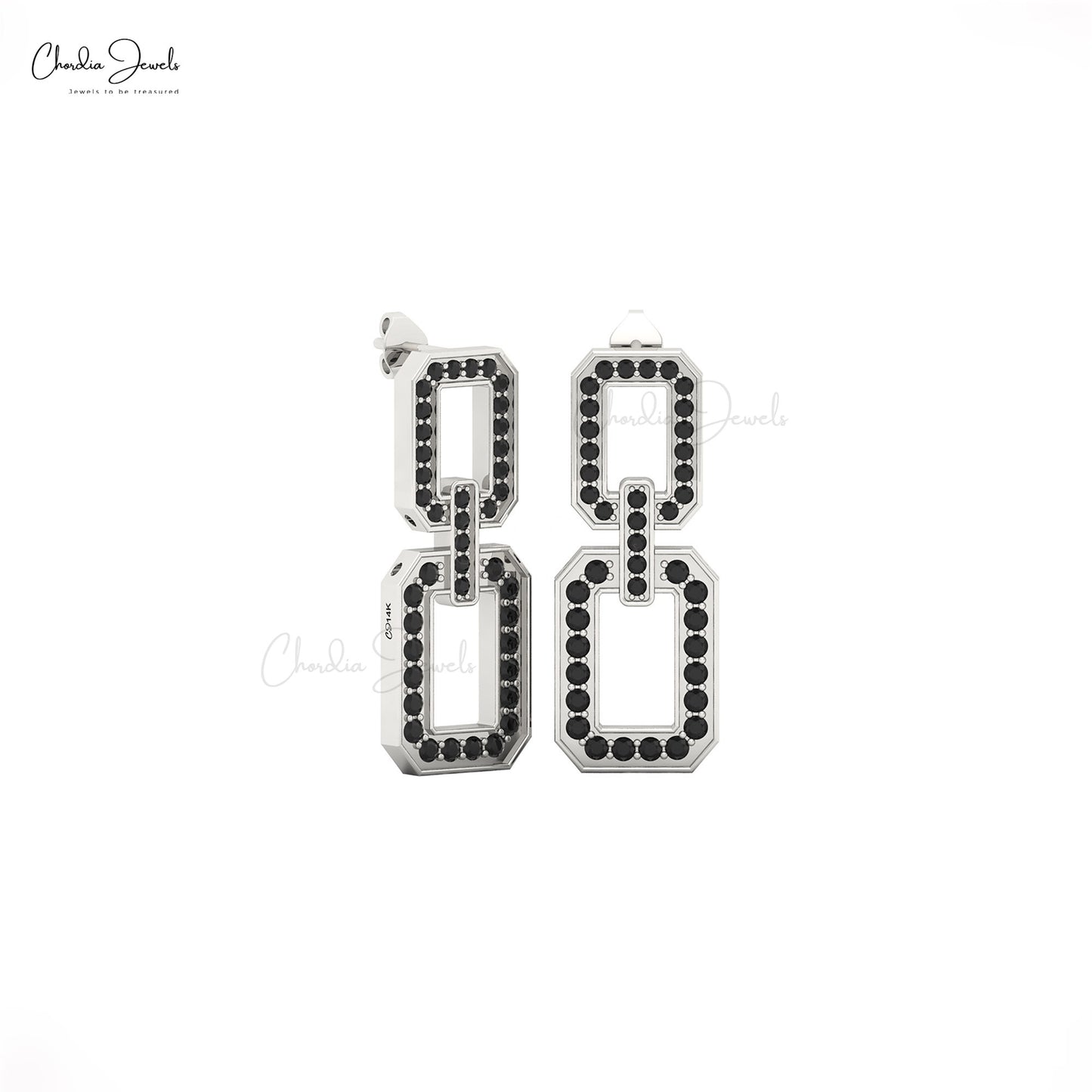Luxury women’s black diamond link drop earrings in solid gold design