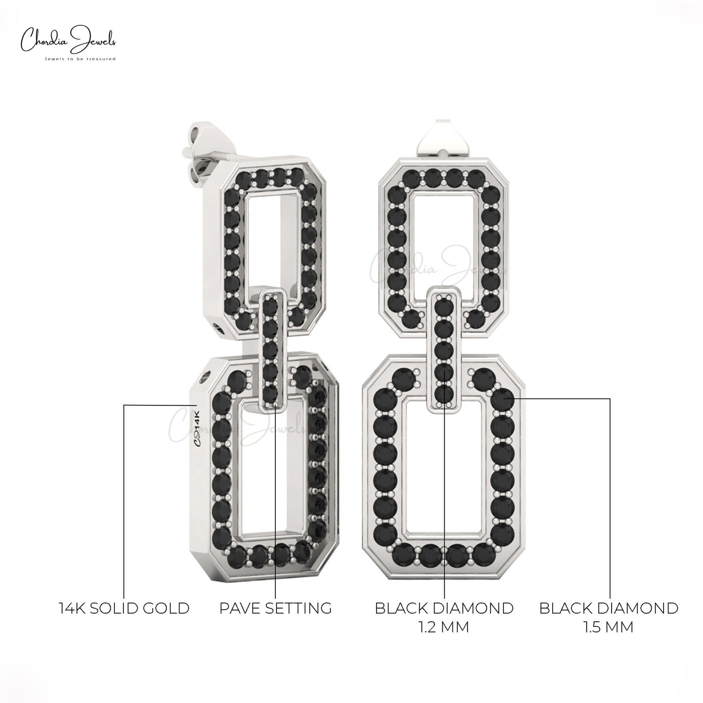 Detailed shot of handcrafted 14K gold earrings with black diamonds