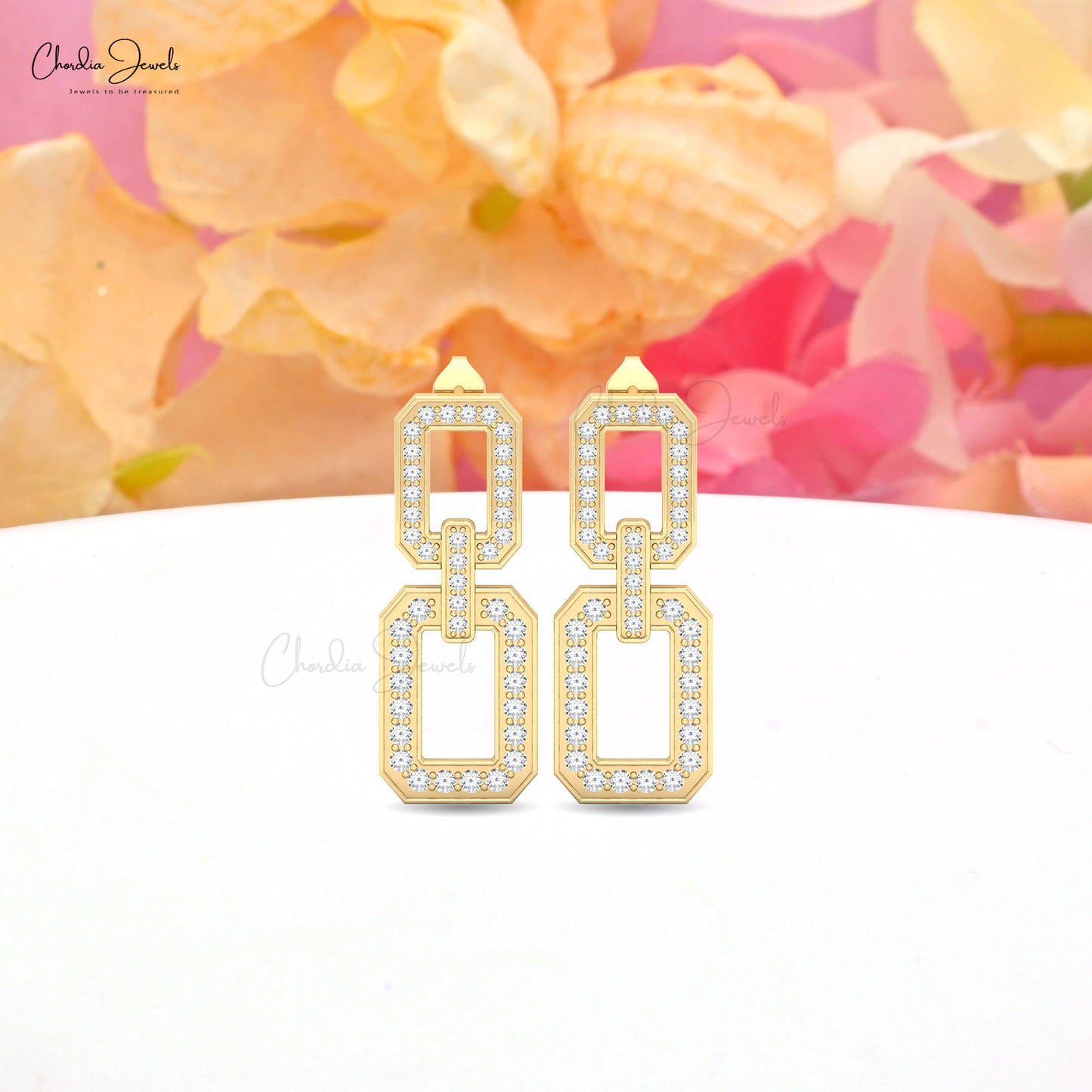 Secure push back 14k gold link chain earrings with sparkling G-H diamonds