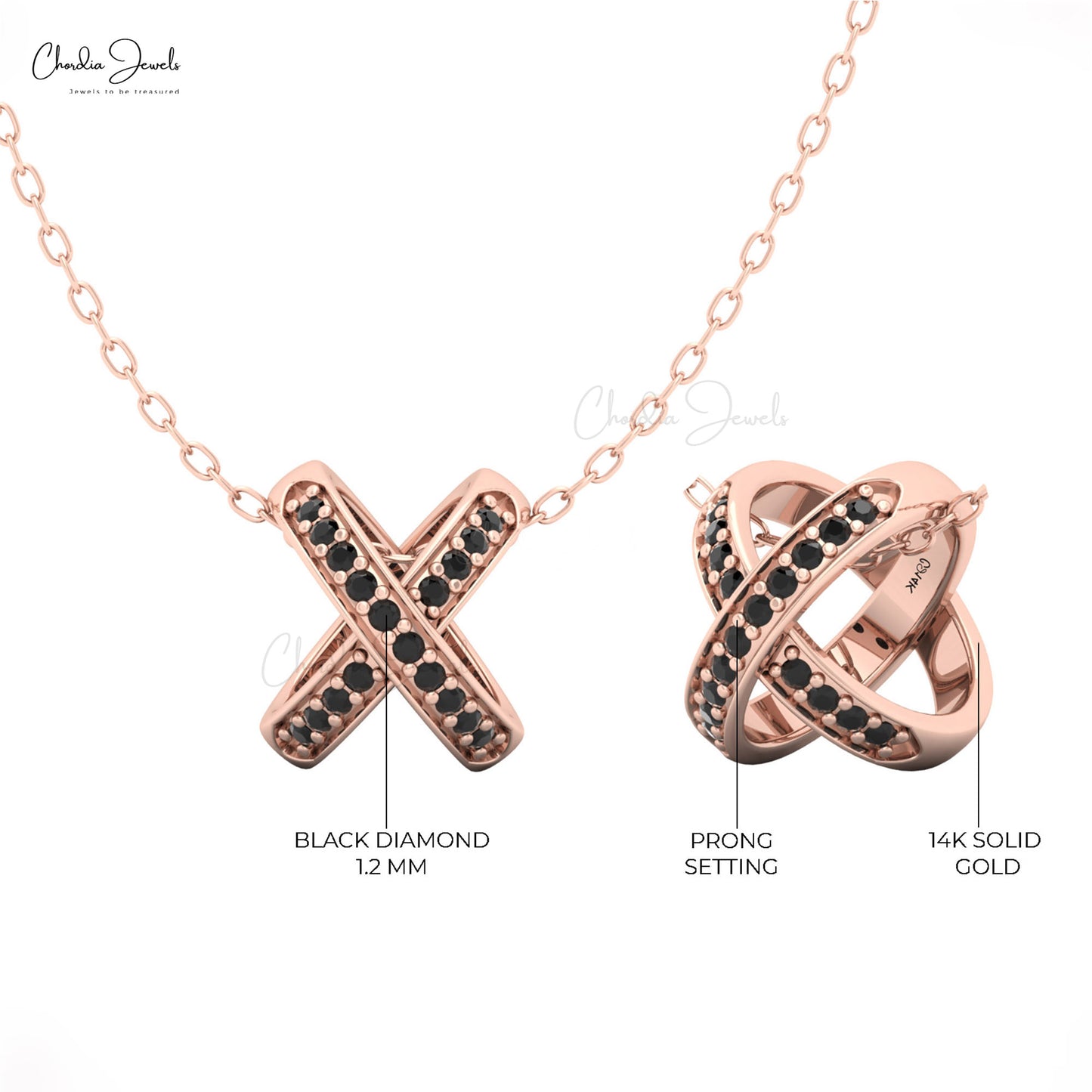 Fashion jewelry rose gold X Pendant with black diamond details