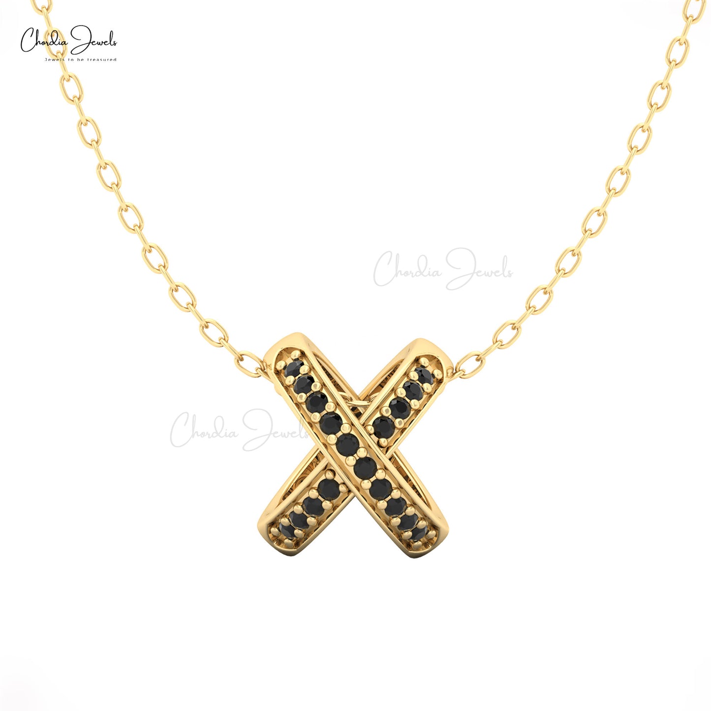 yellow gold jewelry gift X pendant with sparkling black diamonds