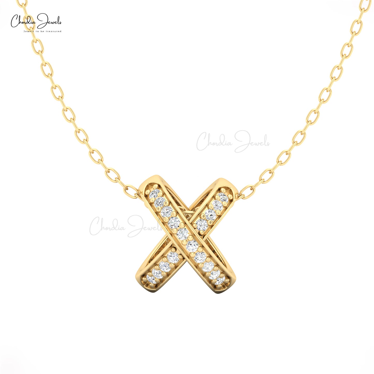 Modern X design pendant in gold with sparkling diamonds