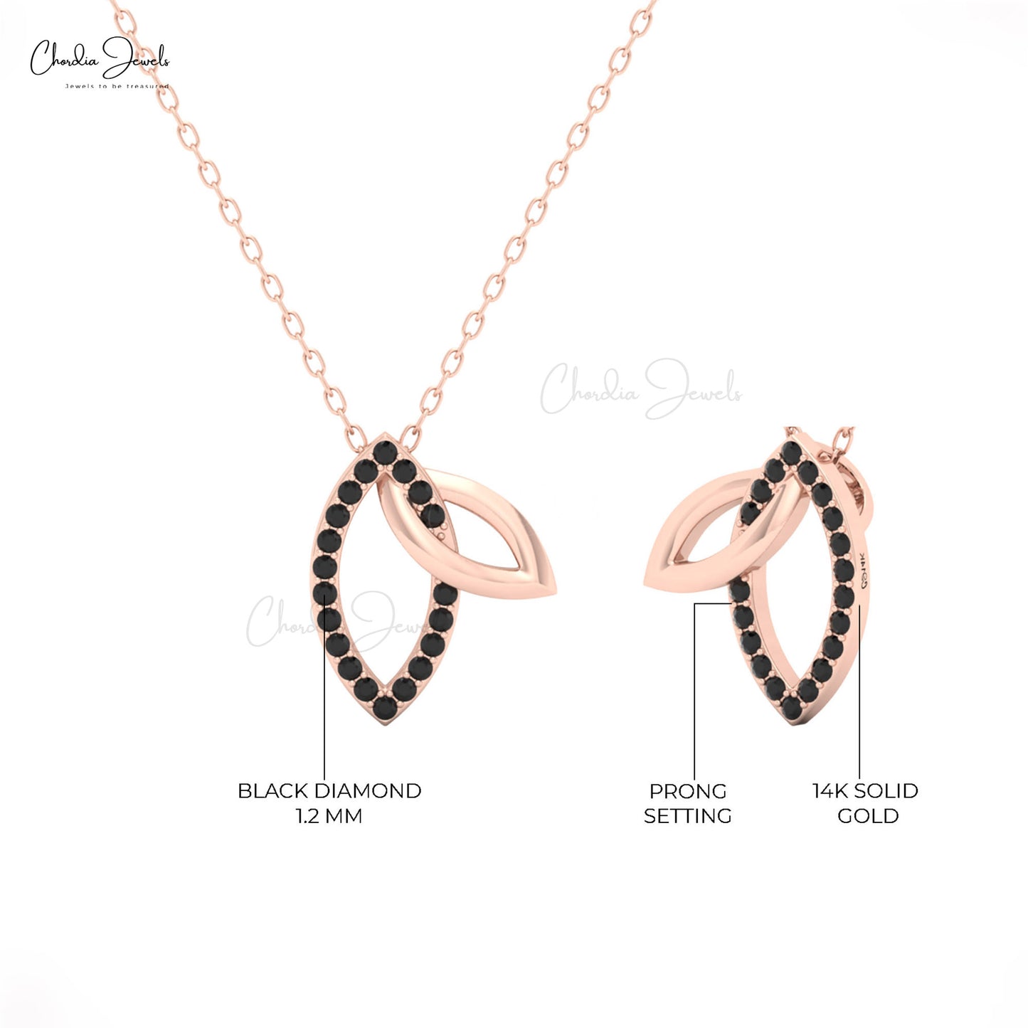 Designer pendant necklace featuring double leaf and black diamonds