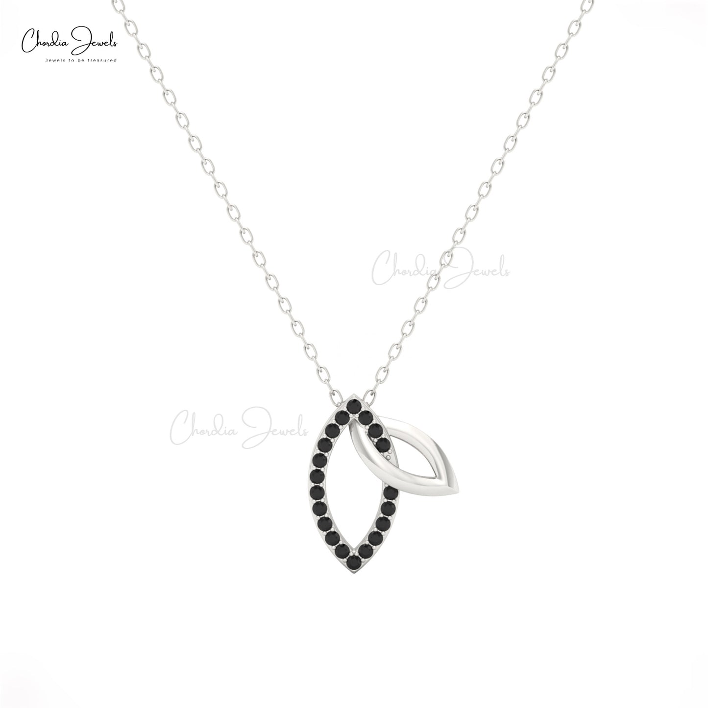Handmade double leaf pendant necklace with black diamond details | White Gold Diamond Pendant | Chordia Jewels 