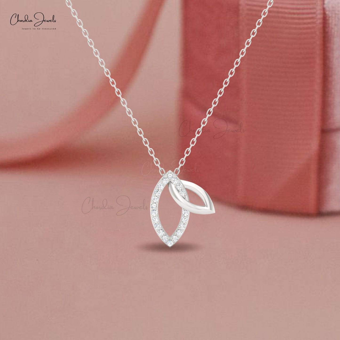 Minimalist double leaf necklace with sparkling white diamonds