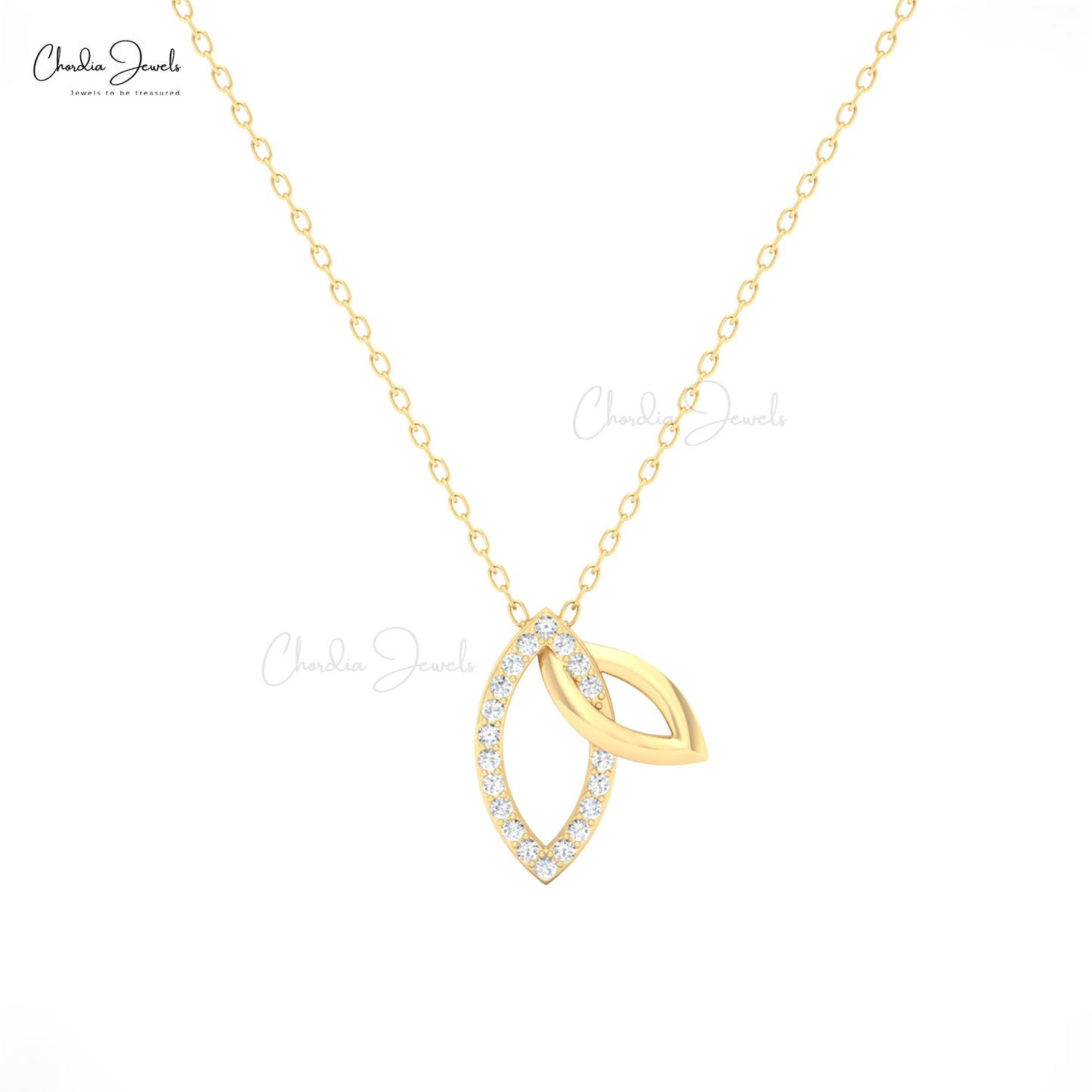 Handmade double leaf pendant necklace with white diamond details