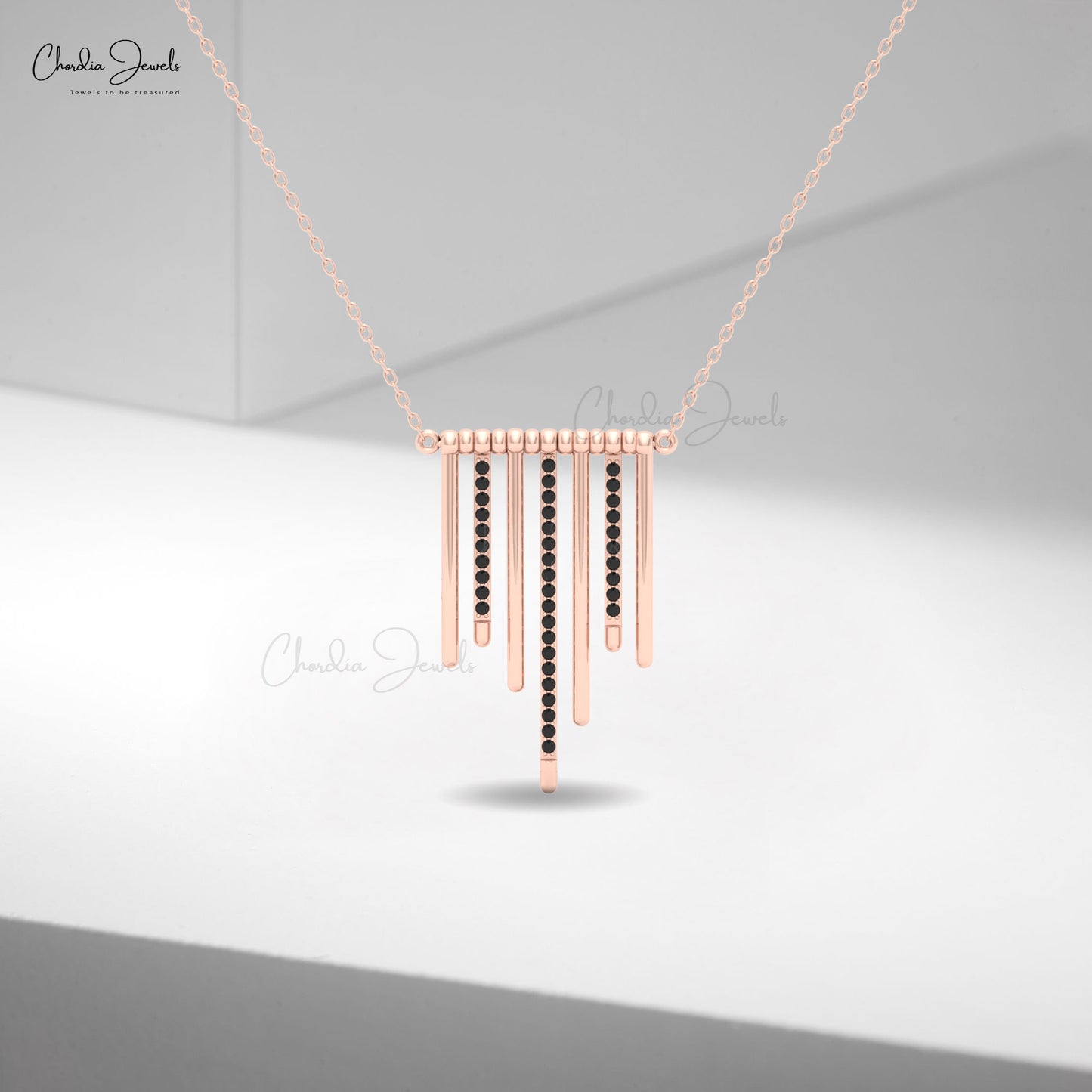 Minimalist rose gold bar necklace with sparkling black diamonds