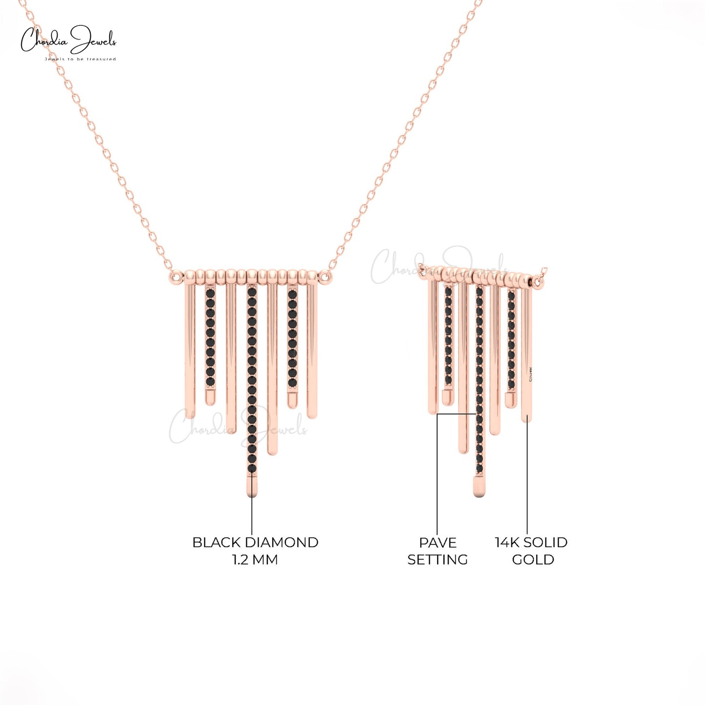 Modern rose gold drop pendant necklace with black diamonds
