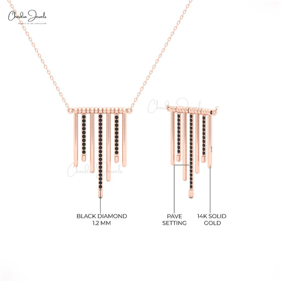 Modern rose gold drop pendant necklace with black diamonds