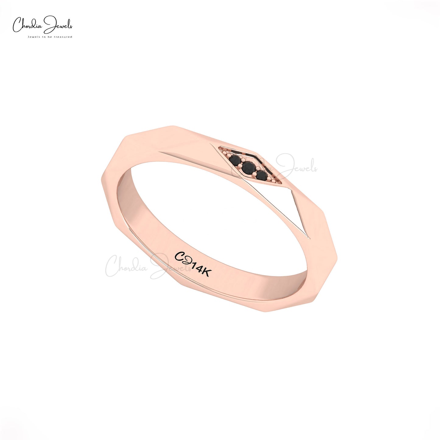 Geometric faceted gold ring with black diamonds