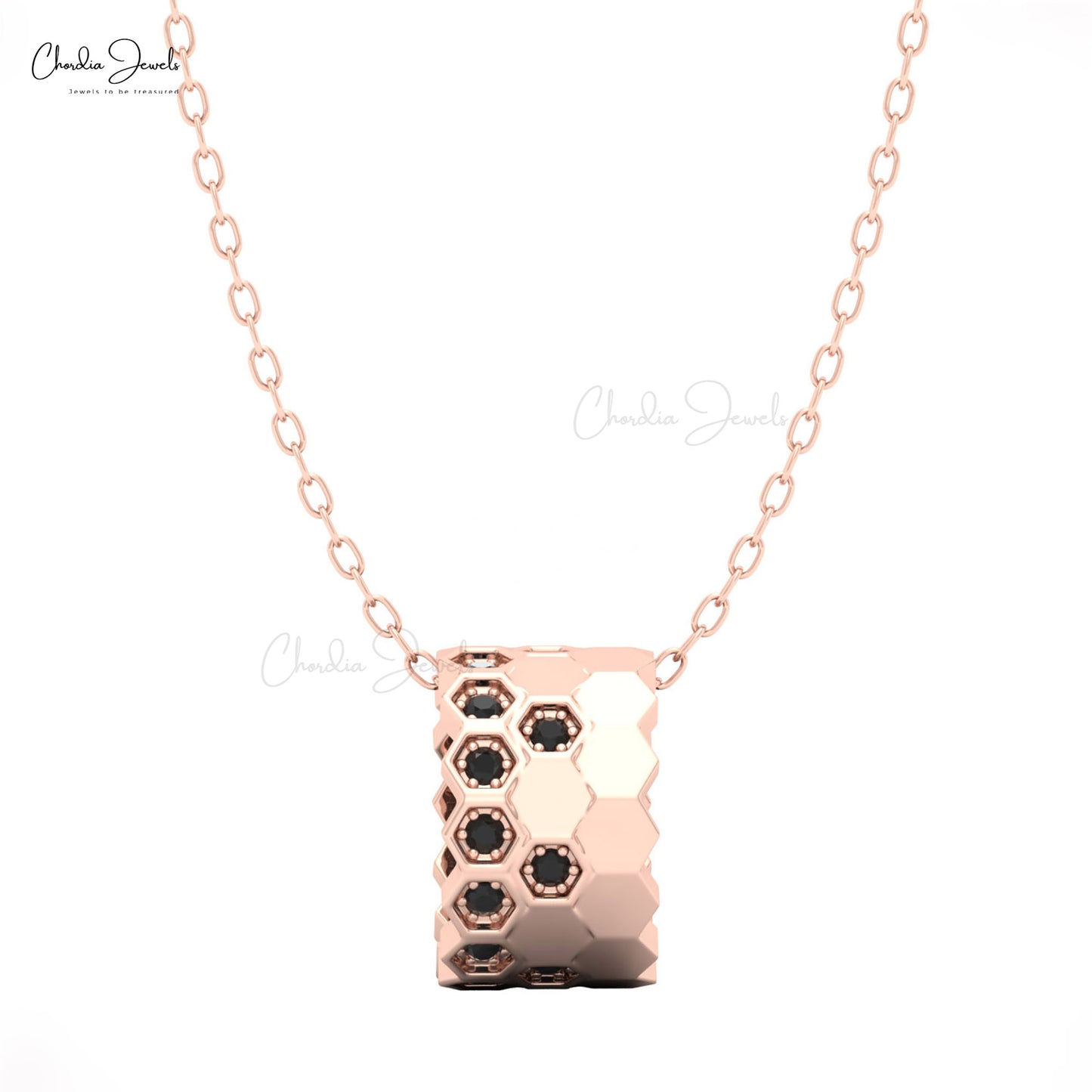 14K rose gold honeycomb pendant with black diamonds