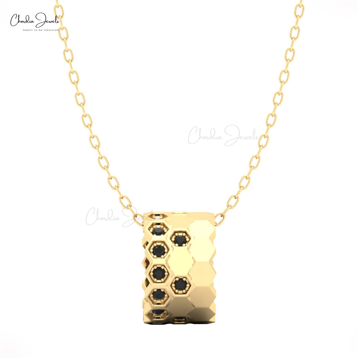 14k solid Gold with a hexagonal pendant featuring black stones by chordia jewels