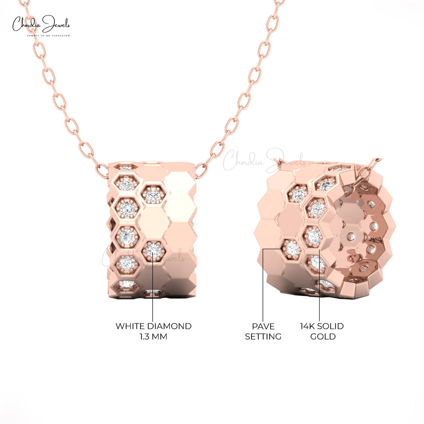 Diamond-studded 14K honeycomb pendant in rose gold