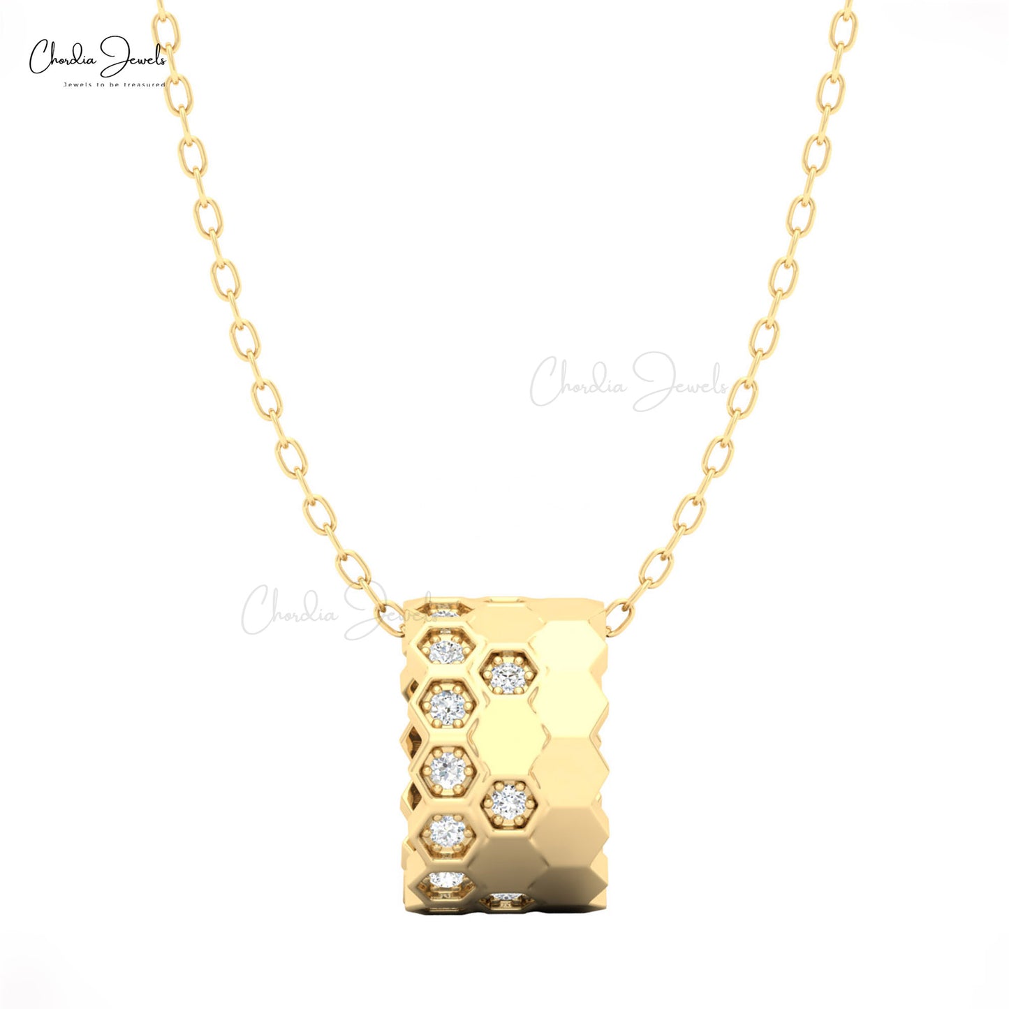 Rose gold 14K honeycomb diamond pendant by chordia Jewels 