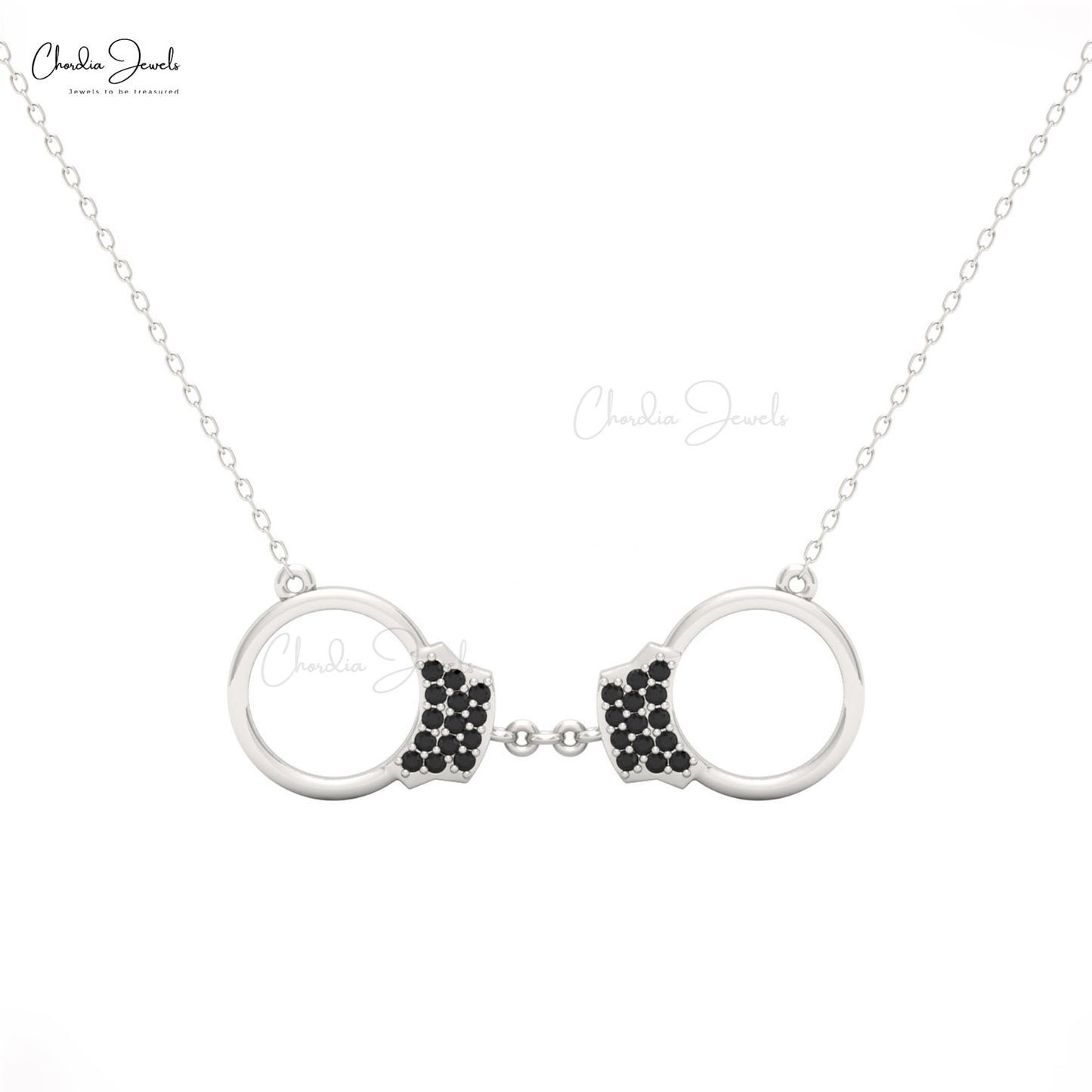 Women’s fine jewelry necklace with handcuff pendant and black diamonds