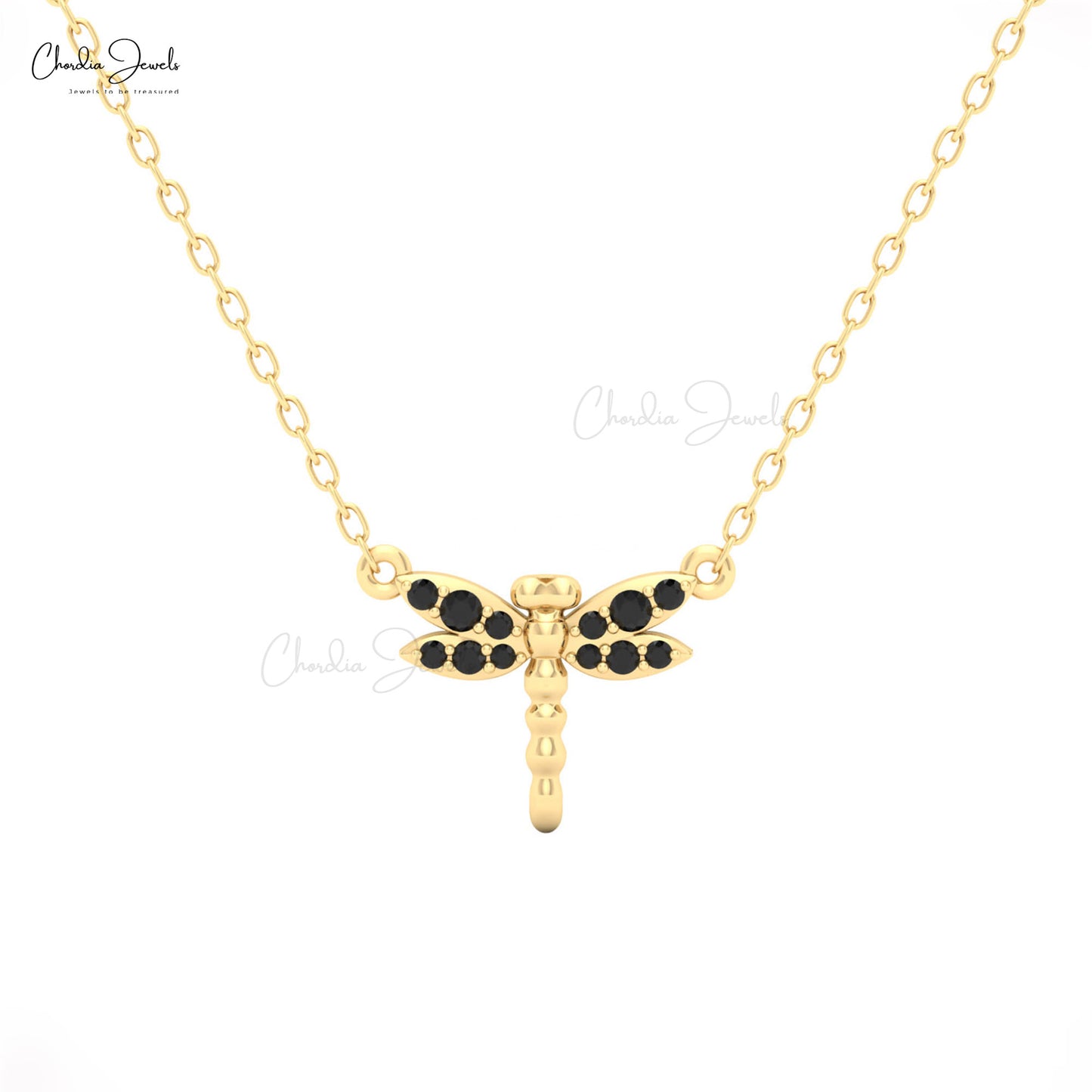 Black diamond dragonfly pendant necklace in yellow gold by Chordia Jewels.