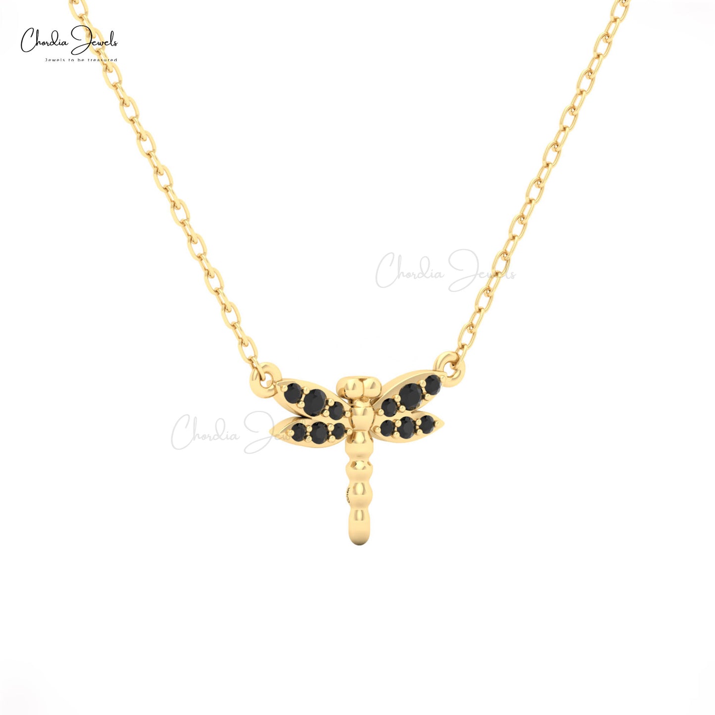 Elegant yellow gold necklace with black diamond dragonfly pendant by Chordia Jewels.