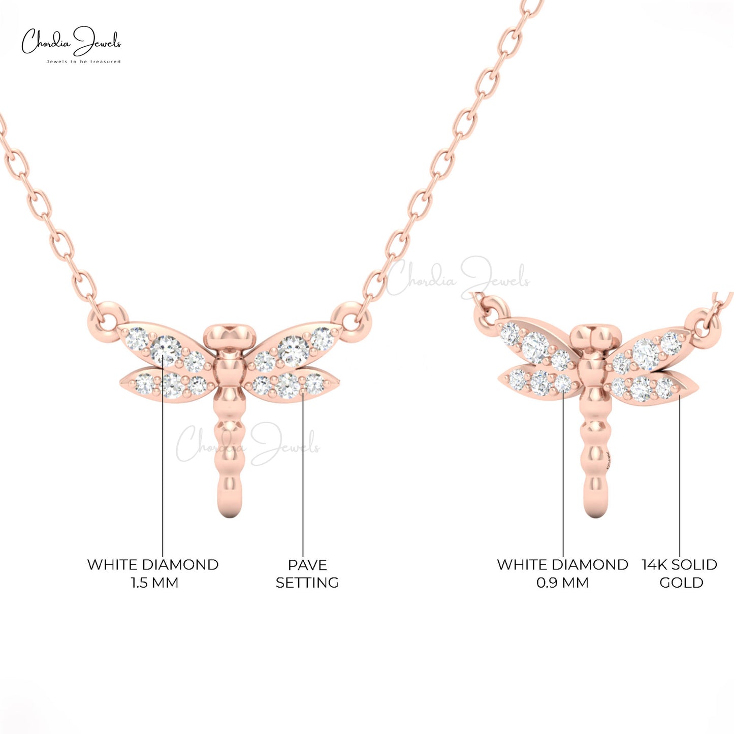 Charming dragonfly necklace in rose gold with sparkling crystals by Chordia Jewels.