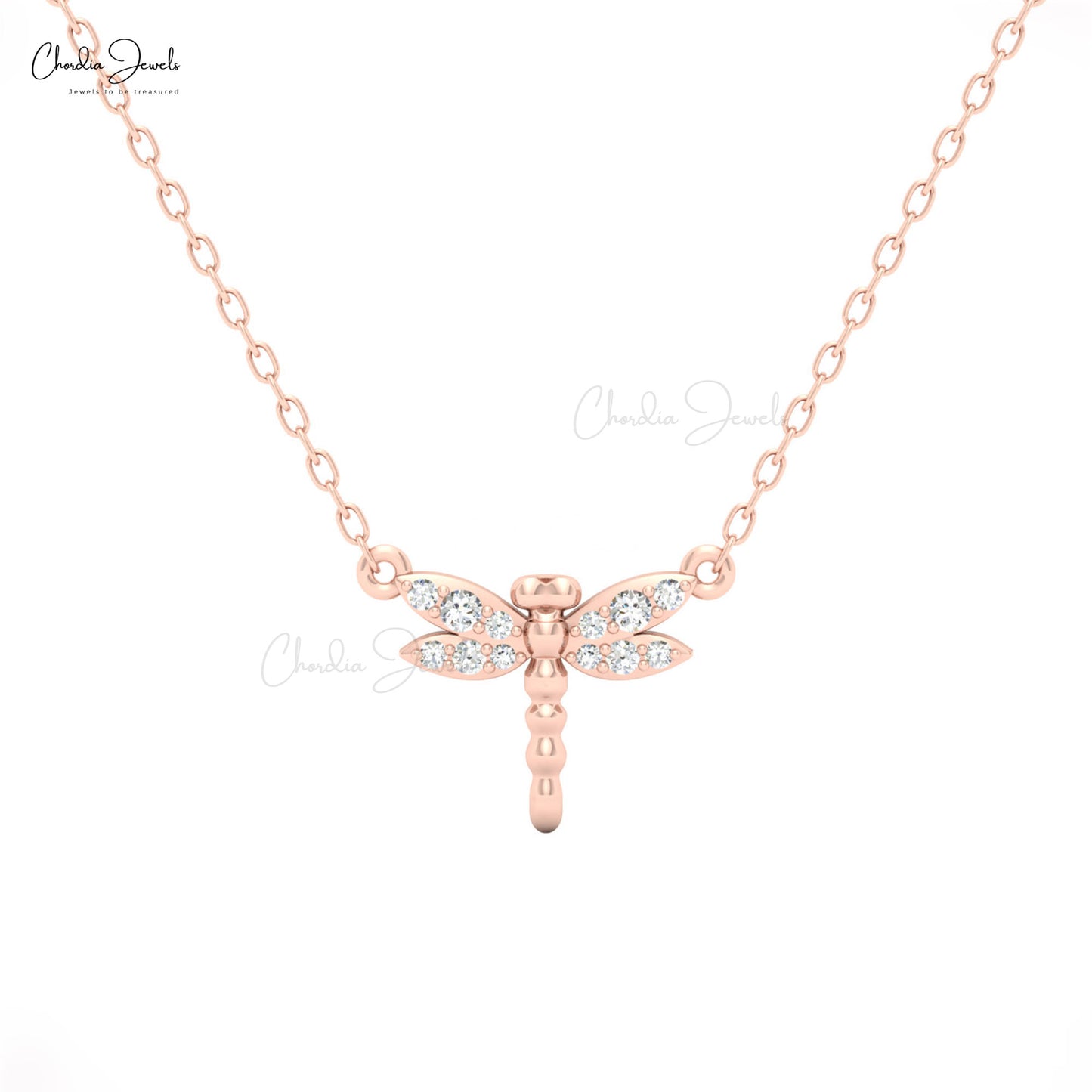 Dragonfly pendant necklace in rose gold with shimmering crystals, Chordia Jewels.