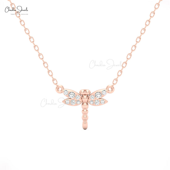 Dragonfly pendant necklace in rose gold with shimmering crystals, Chordia Jewels.