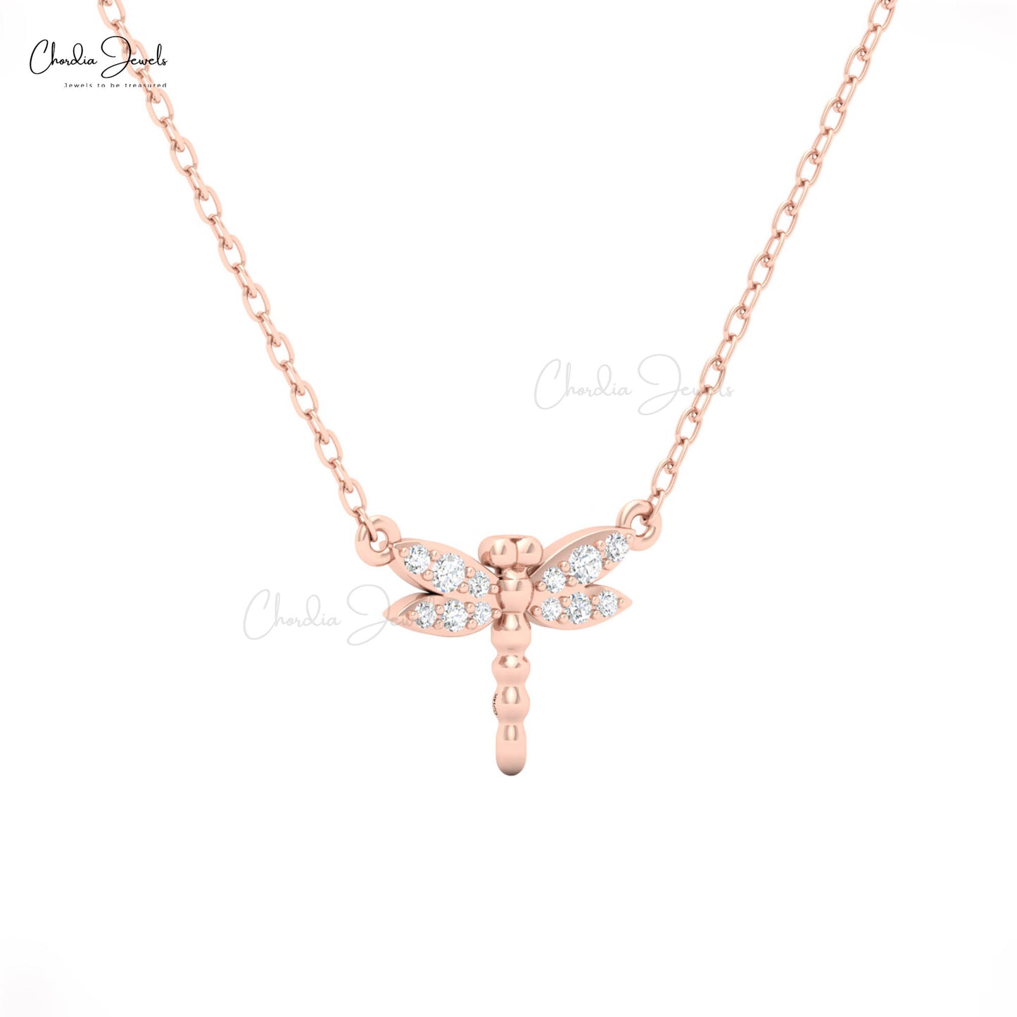 Rose gold dragonfly necklace with sparkling crystals, nature-inspired design.