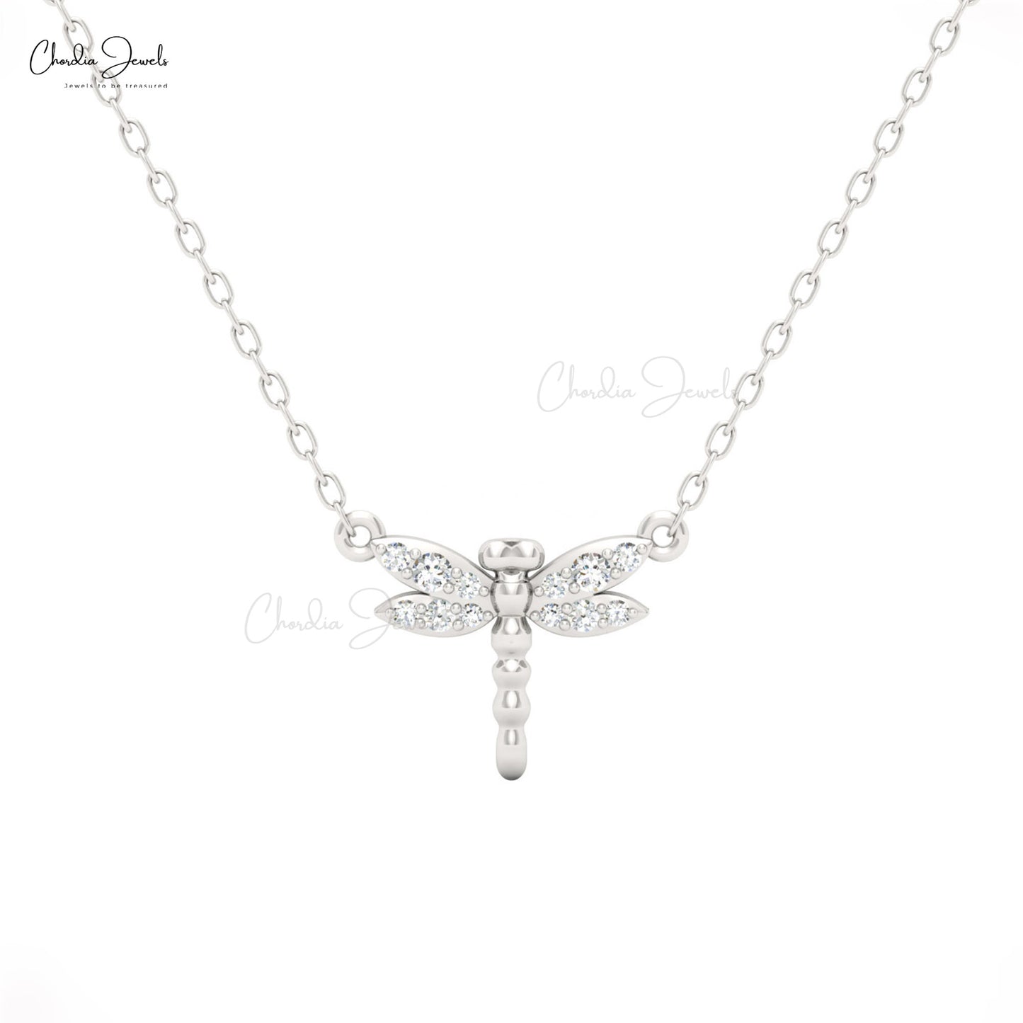 dragonfly Charm necklace in white gold for women by Chordia Jewels.