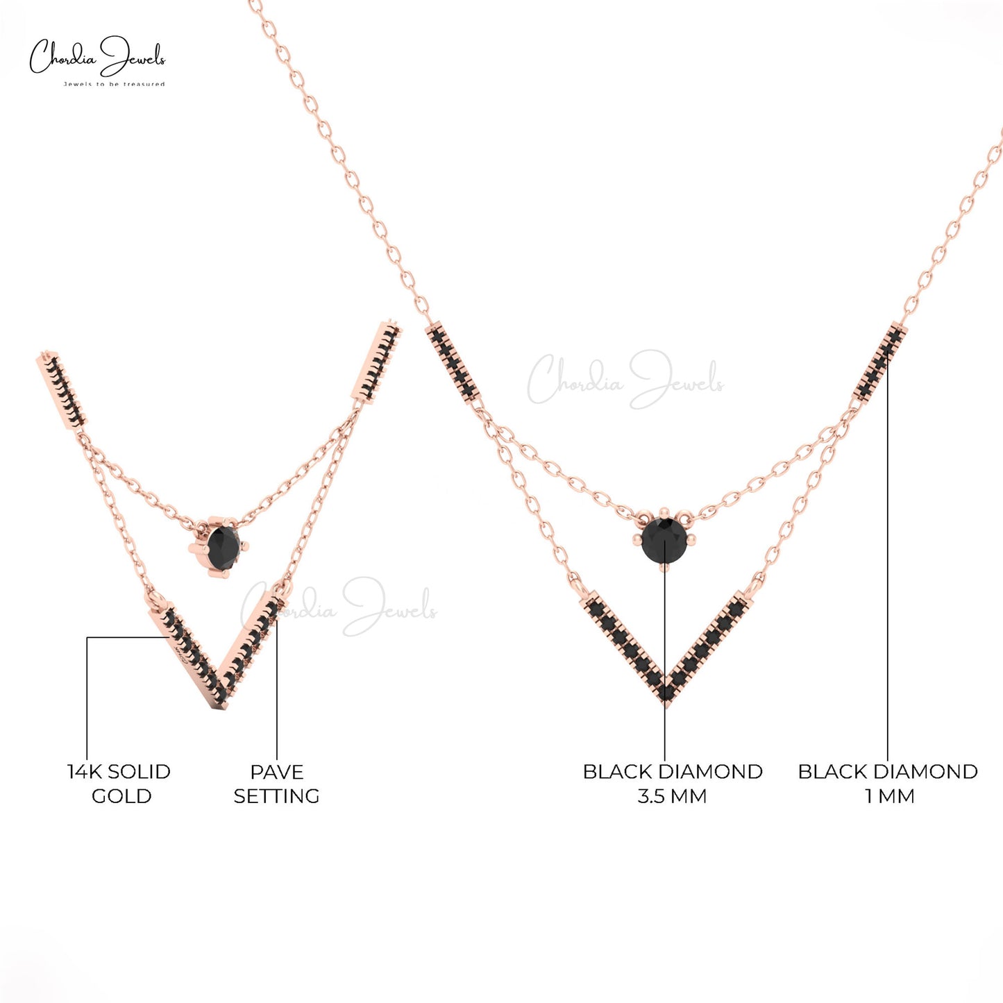 Black diamond Chveraon necklace set in 14k solid gold.