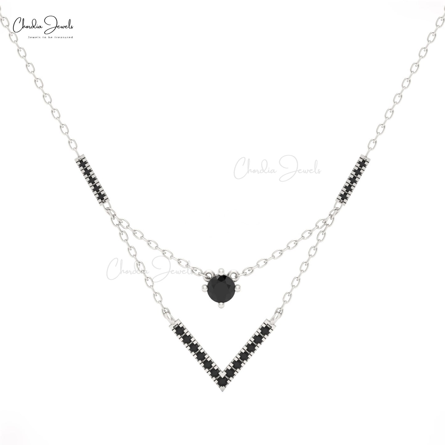 14k gold necklace with black diamonds and Chveraon design.