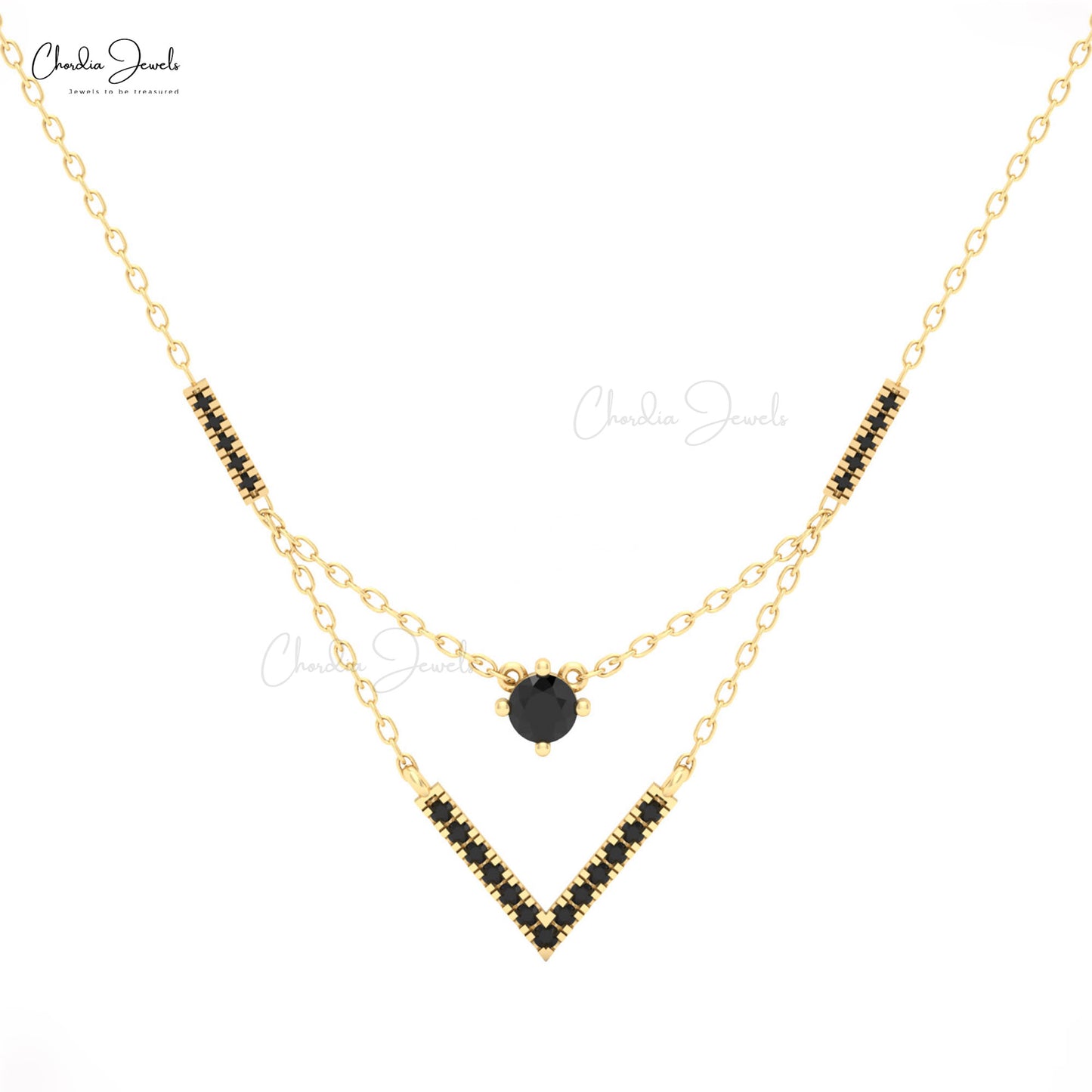 Chveraon 14k gold necklace with V-shaped black diamond pendant.