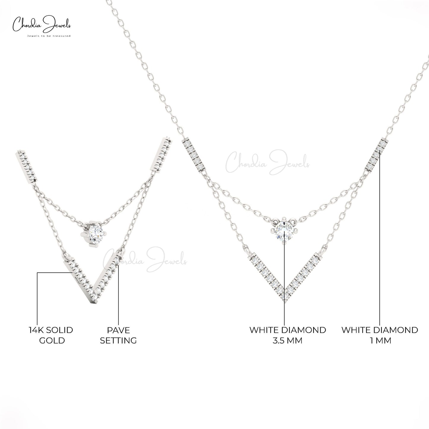 V-shaped pendant necklace adorned with diamonds by Chordia Jewels.