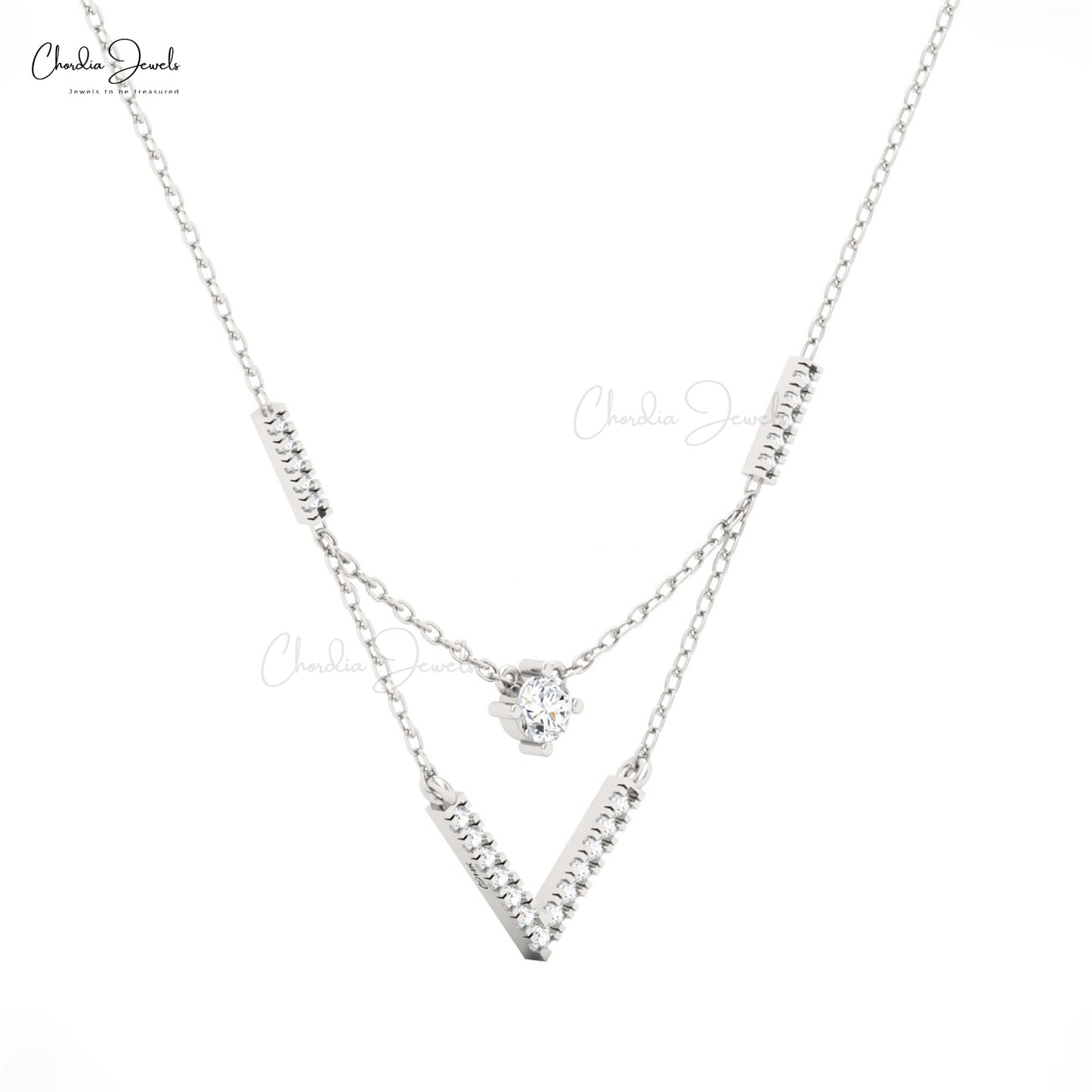 V-shaped pendant with diamonds in a sleek design, Chordia Jewels.