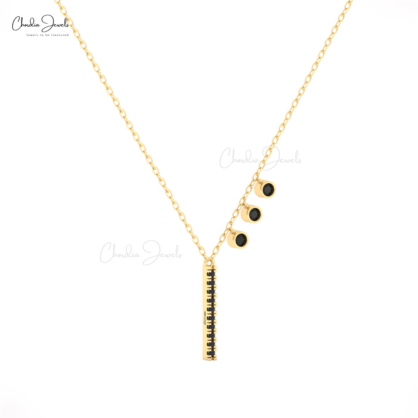 14k gold necklace with vertical bar and black diamonds