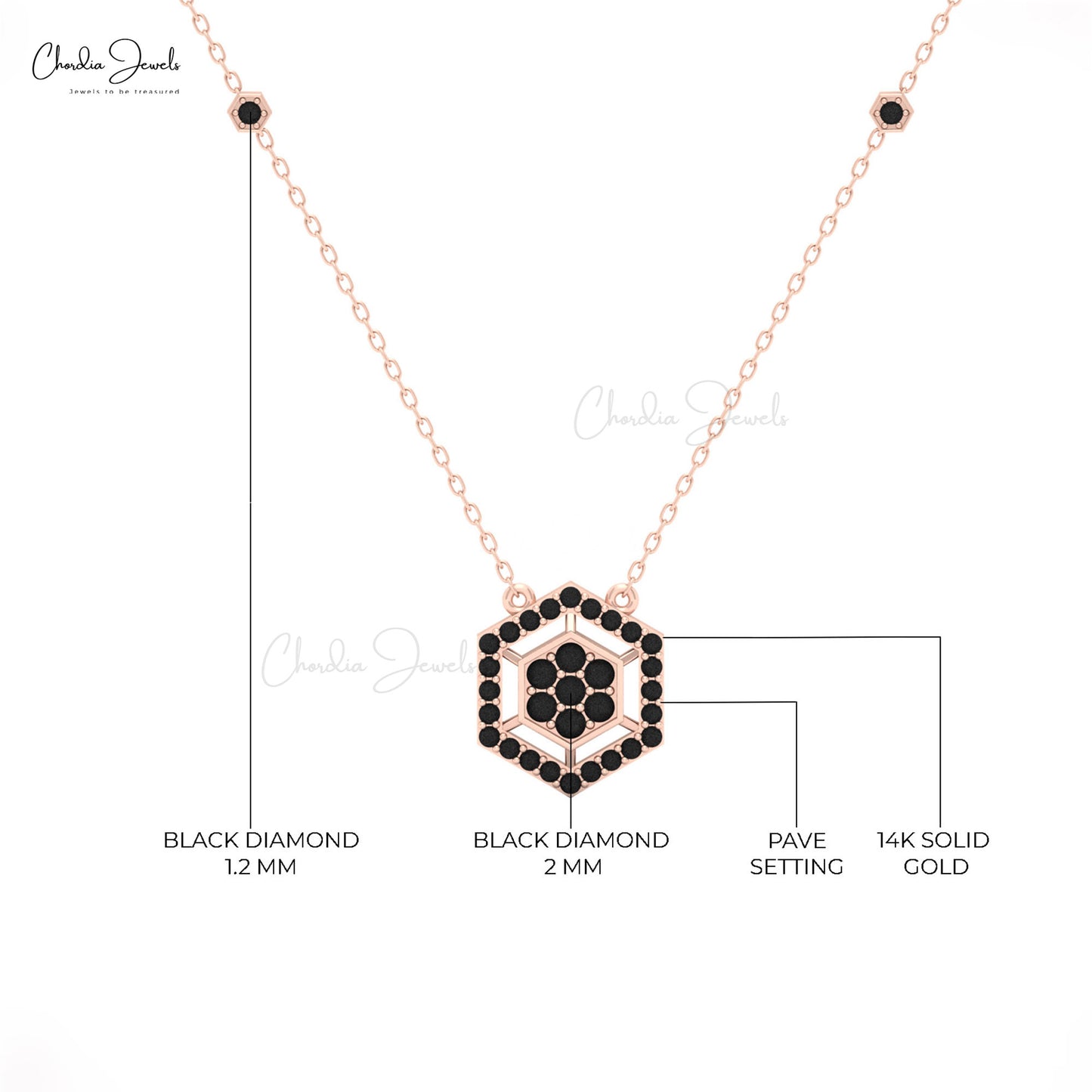 14K Solid Gold Black Diamond Necklace with 16mm Hexagon Pendant
