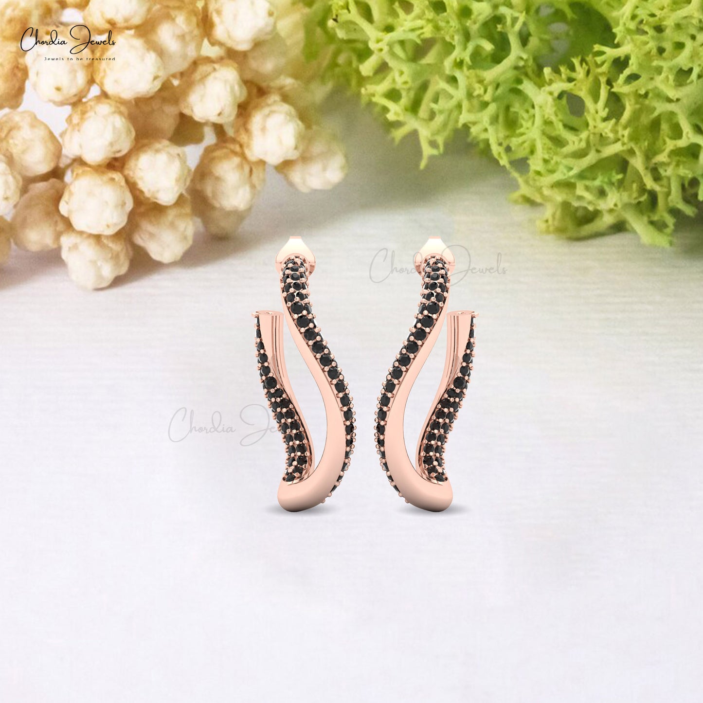 14k solid gold swirl stud earrings featuring elegant black diamonds