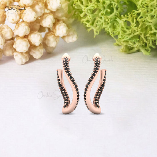 14k solid gold swirl stud earrings featuring elegant black diamonds