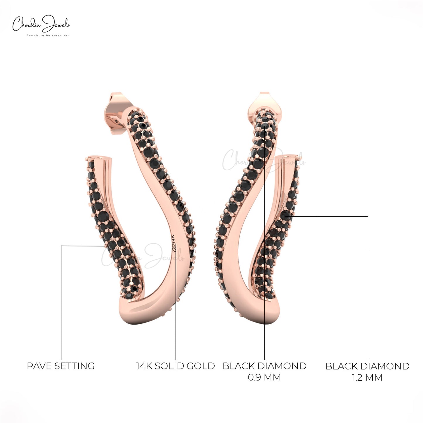 Rose gold hoop earrings with black diamonds 