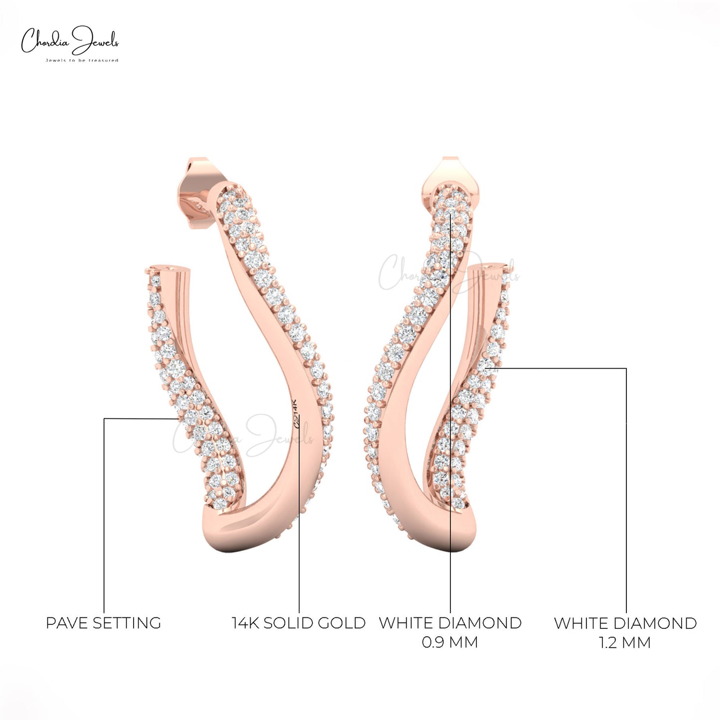 14k Solid Gold Twisted Stud Earring in White Diamond gift for gf