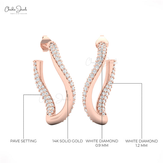 14k Solid Gold Twisted Stud Earring in White Diamond gift for gf