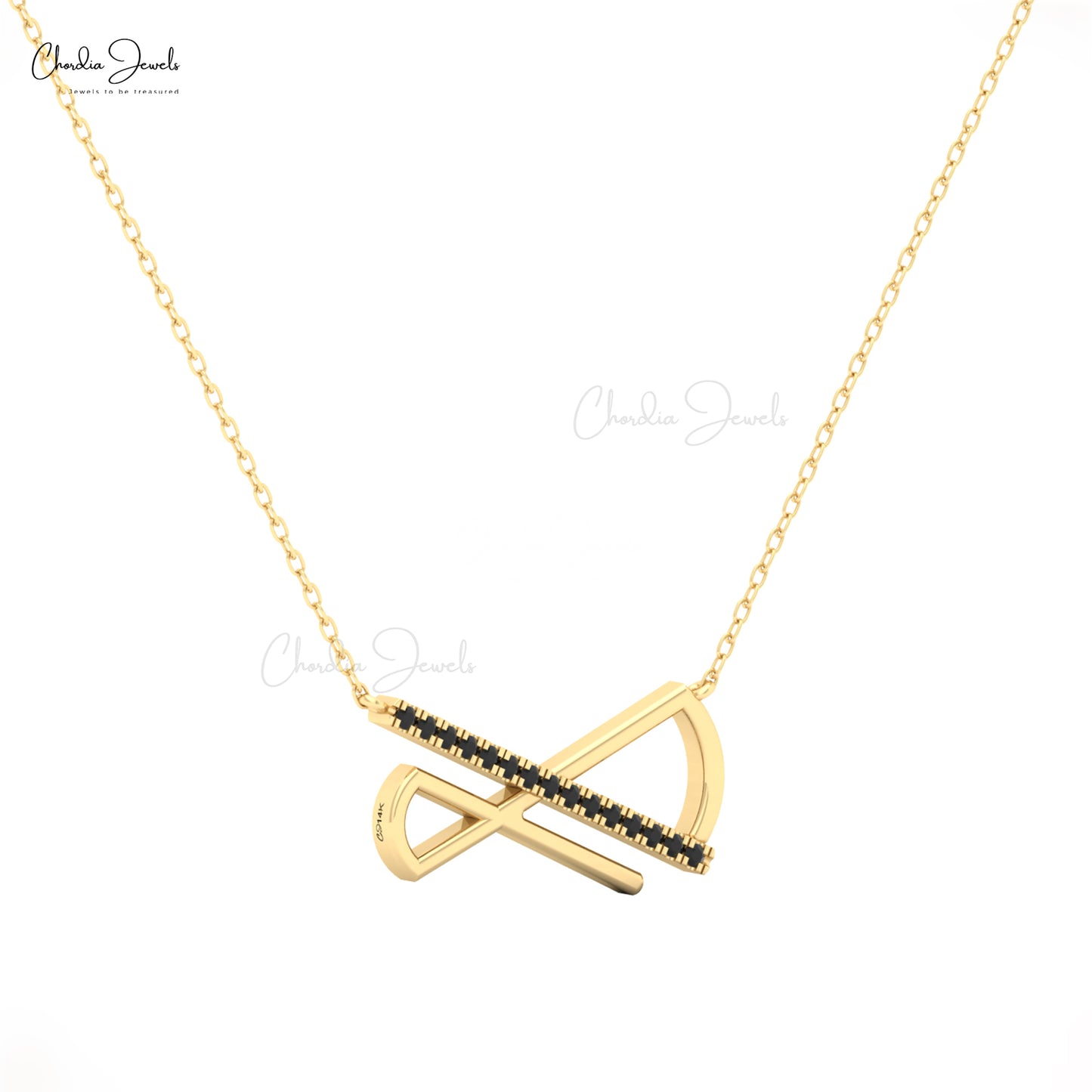 Chordia Jewels 14k solid gold necklace with a black diamond-studded bar and geometric detailing, fine jewelry for women.