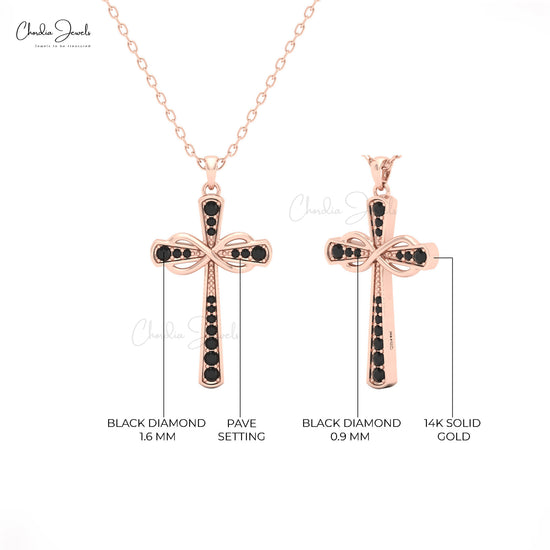 Elegant infinity pendant for women available in 14k white, yellow, and rose gold with round black diamonds.