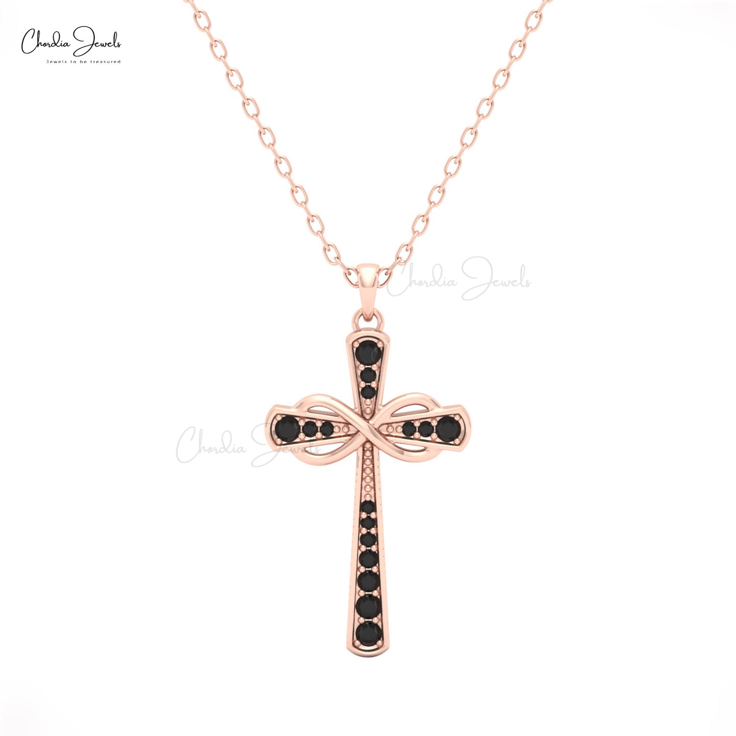Women’s 14k white gold infinity pendant with round black diamonds in pavé setting by Chordia Jewels.