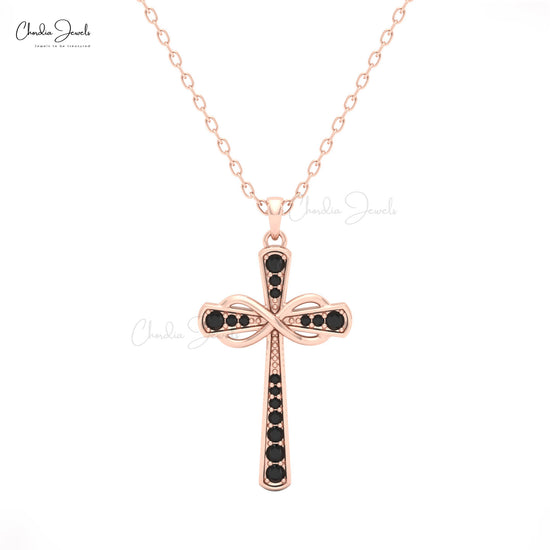 Women’s 14k white gold infinity pendant with round black diamonds in pavé setting by Chordia Jewels.