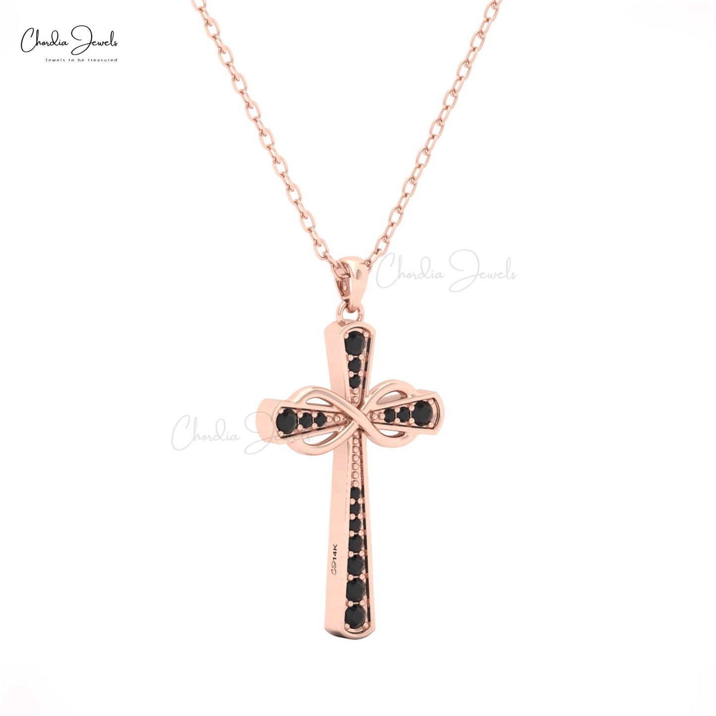 Women’s 14k yellow gold infinity pendant featuring round black diamonds in pavé setting.