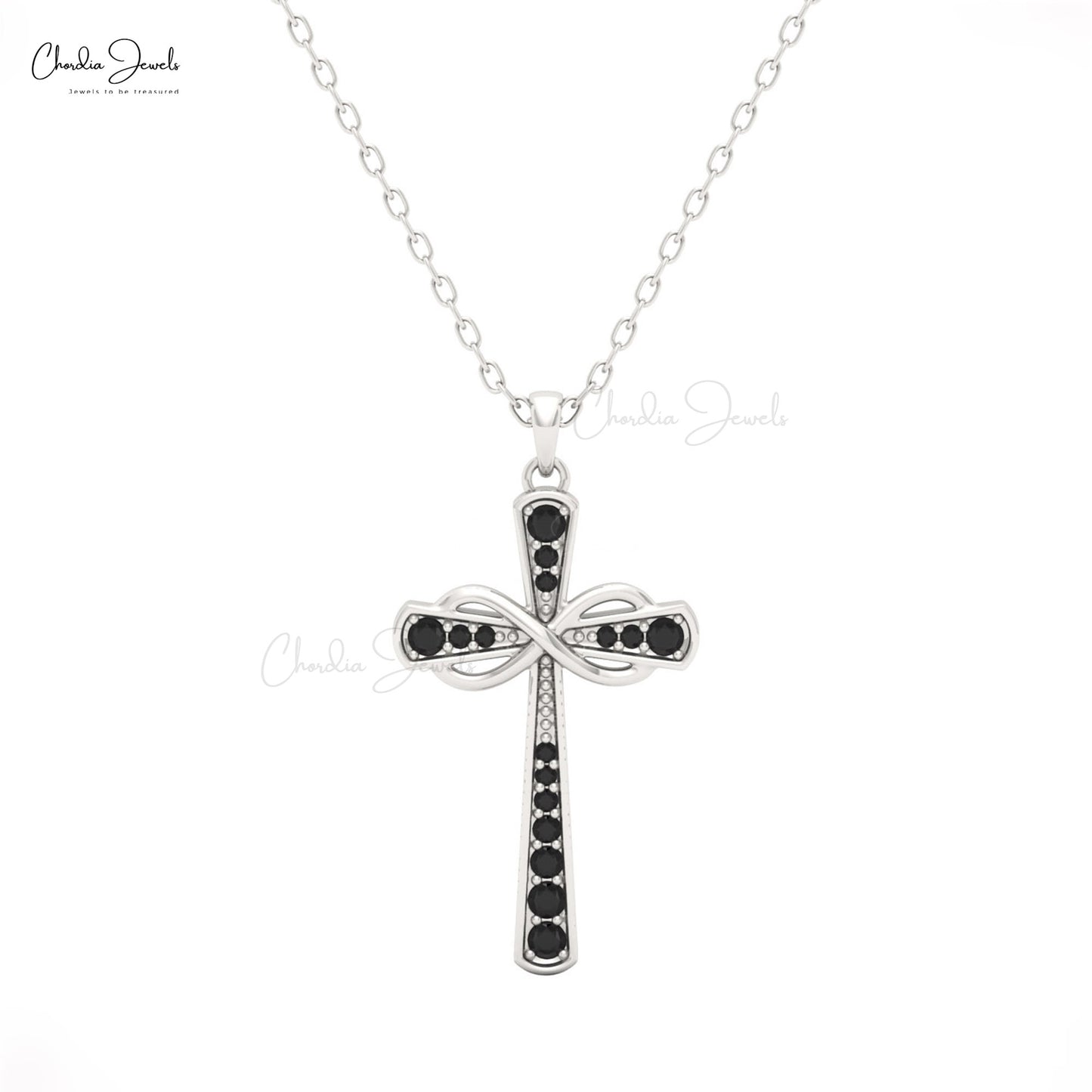 Women's white gold black diamond infinity pendant by chordia jewels 