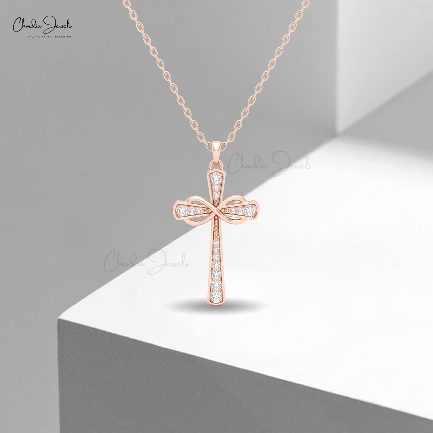 Elegant women's cross necklace in 14k solid gold featuring white diamonds and fine craftsmanship.