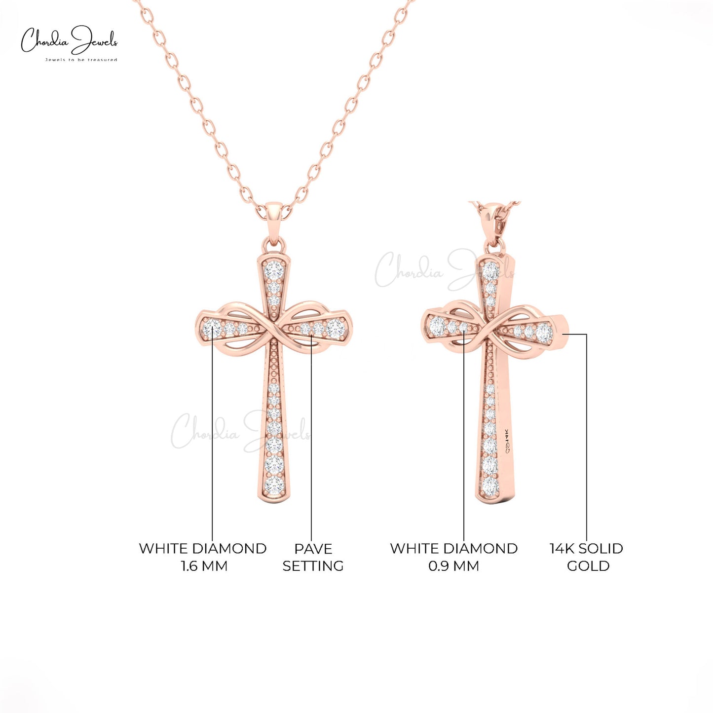 Faith-inspired 14k gold cross pendant with sparkling white diamonds, designed for women by Chordia Jewels.