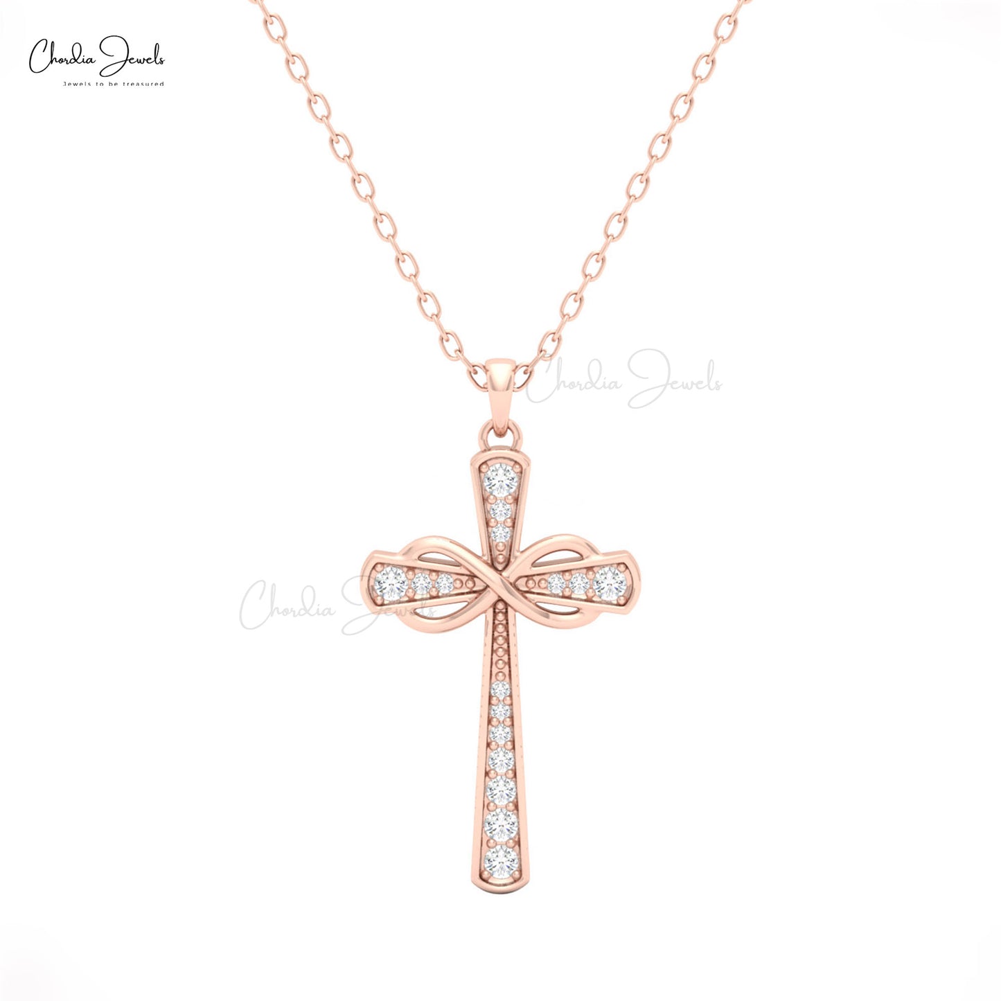 Rose gold cross necklace with white diamond by chordia jewels 