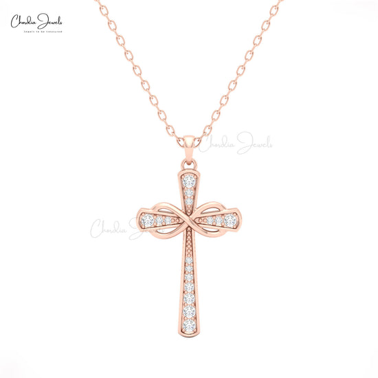 Rose gold cross necklace with white diamond by chordia jewels 