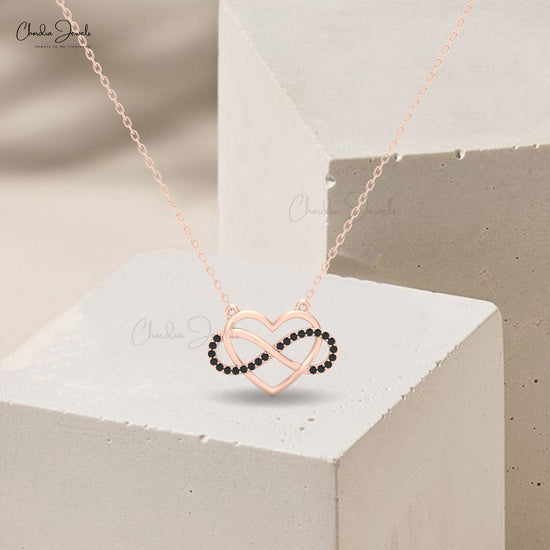 16mm open heart pendant in 14k solid gold featuring 0.12 ct black diamond on a delicate chain