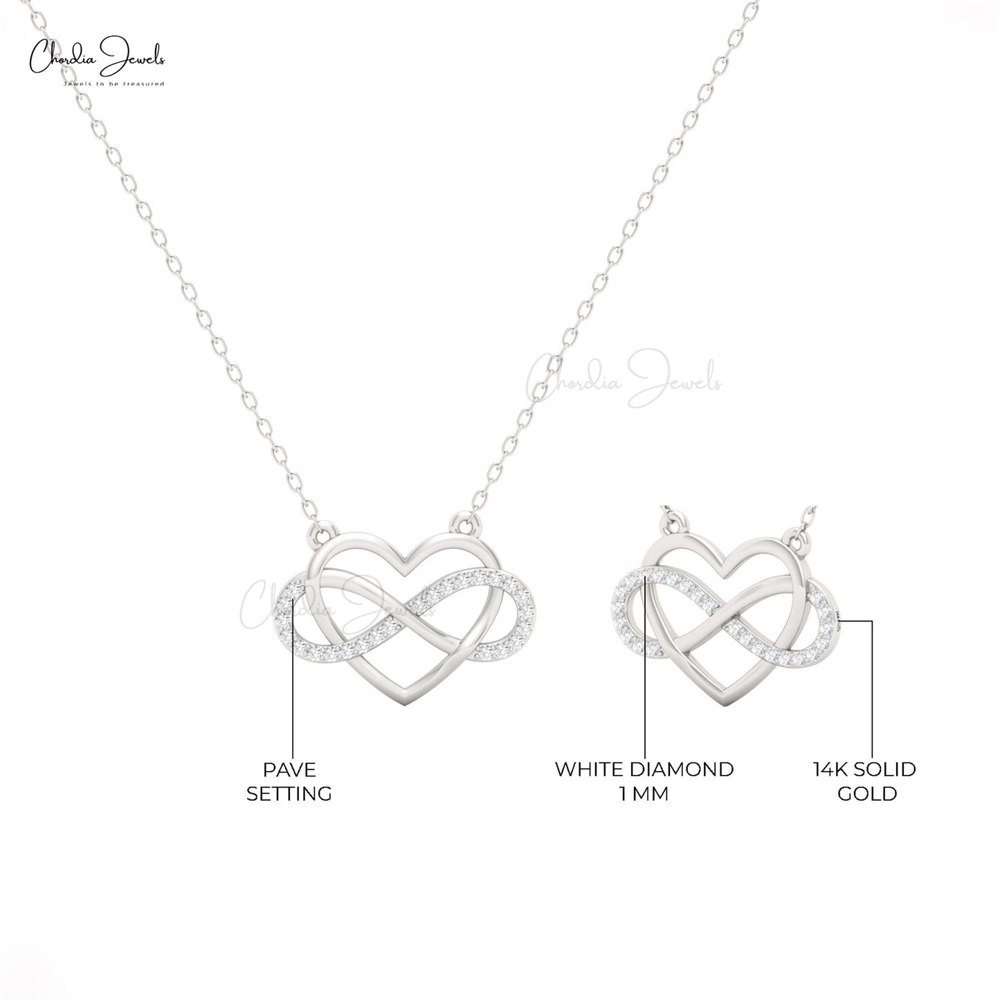 Elegant 14k gold infinity necklace adorned with 0.096 ct natural diamonds